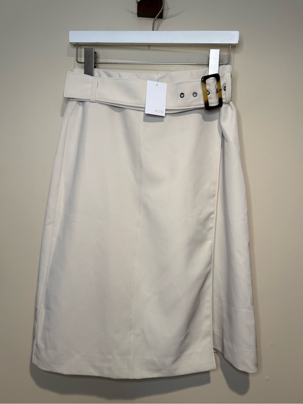 Ecru belted wrap skirt knee length